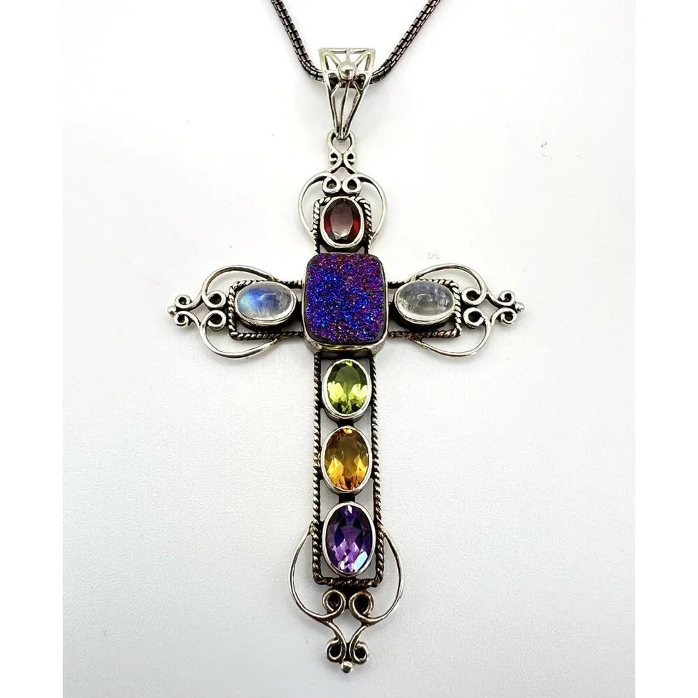 NICKY BUTLER 925 Silver Druzy Gemstone Cross Pendant Necklace - Picture 3 of 15
